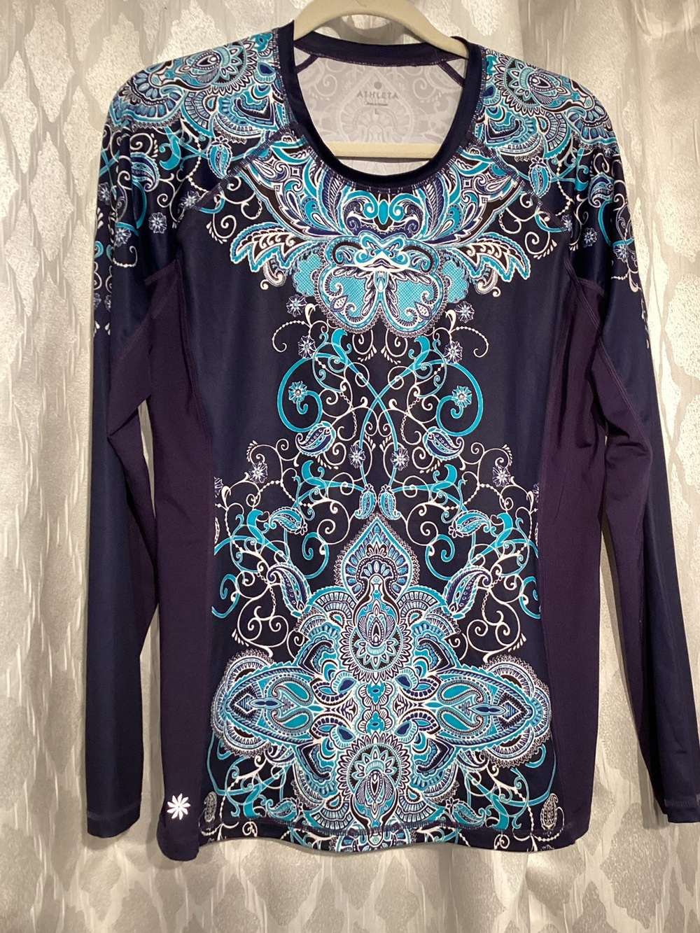 Athleta Navy Long-Sleeve Top with Teal & White Paisley Print